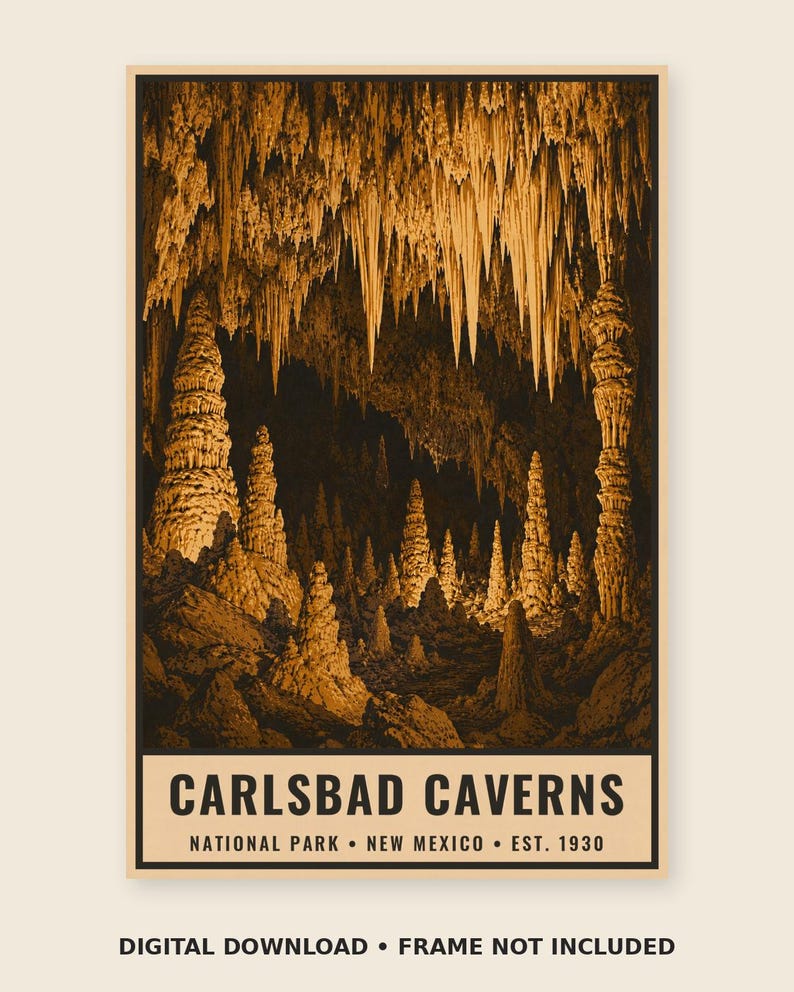 May include: A rectangular poster featuring a sepia-toned illustration of the interior of Carlsbad Caverns with stalactites and stalagmites. The text reads: CARLSBAD CAVERNS NATIONAL PARK &bull; NEW MEXICO &bull; EST. 1930. The design has a dark border.