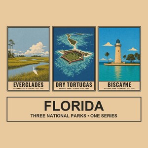 Pu&ograve; includere: Un poster con tre illustrazioni rettangolari dei parchi nazionali della Florida: Everglades con un uccello bianco in una palude, Dry Tortugas con un forte esagonale in acqua blu e Biscayne con un faro. Il testo recita FLORIDA THREE NATIONAL PARKS ONE SERIES.
