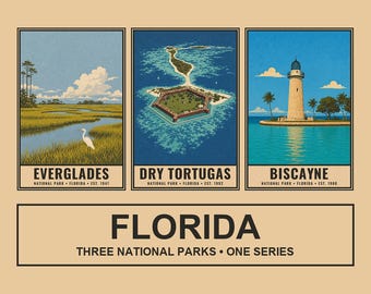 Florida National Parks Poster Bundle, Everglades Biscayne Dry Tortugas Print Set, Retro Coast Wall Art, WPA Style Digital Download Art