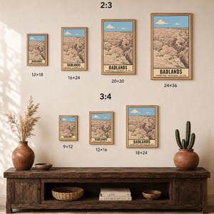 K&ouml;nnte beinhalten: Eine Sammlung von sieben gerahmten Wandkunstdrucken, die die Landschaft des Badlands-Nationalparks in verschiedenen Gr&ouml;&szlig;en darstellen, beschriftet mit 2:3 und 3:4 Seitenverh&auml;ltnissen und Ma&szlig;en in Zoll, darunter 12x18, 16x24, 20x30, 24x36, 9x12, 12x16 und 18x24.