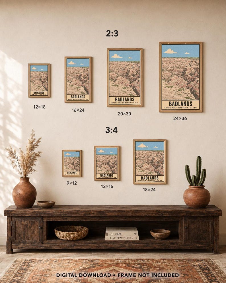 K&ouml;nnte beinhalten: Eine Sammlung von sieben gerahmten Wandkunstdrucken, die die Landschaft des Badlands-Nationalparks in verschiedenen Gr&ouml;&szlig;en darstellen, beschriftet mit 2:3 und 3:4 Seitenverh&auml;ltnissen und Ma&szlig;en in Zoll, darunter 12x18, 16x24, 20x30, 24x36, 9x12, 12x16 und 18x24.