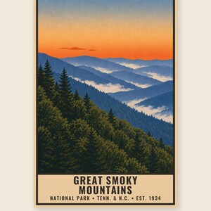 Great Smoky Mountains nationalpark-affisch, vintage resetryck med Blue Ridge-motiv, retro väggkonst i skog och berg, utskrivbar dekoration i WPA-stil bild 3