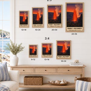 Puede incluir: Una colecci&oacute;n de p&oacute;steres enmarcados que representan una erupci&oacute;n volc&aacute;nica en el Parque Nacional de los Volcanes de Haw&aacute;i, disponibles en relaciones de aspecto 2:3 de 12x18, 16x24, 20x30, 24x36 pulgadas y 3:4 de 9x12, 12x16, 18x24 pulgadas. Descarga digital, marco no incluido.