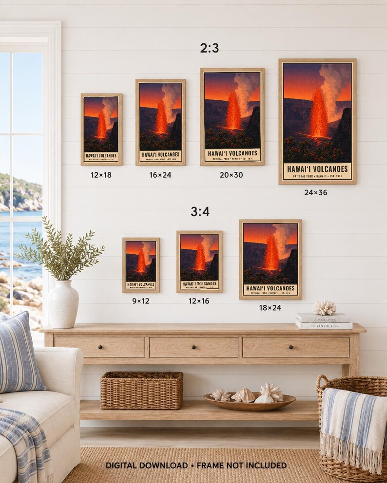 Puede incluir: Una colecci&oacute;n de p&oacute;steres enmarcados que representan una erupci&oacute;n volc&aacute;nica en el Parque Nacional de los Volcanes de Haw&aacute;i, disponibles en relaciones de aspecto 2:3 de 12x18, 16x24, 20x30, 24x36 pulgadas y 3:4 de 9x12, 12x16, 18x24 pulgadas. Descarga digital, marco no incluido.