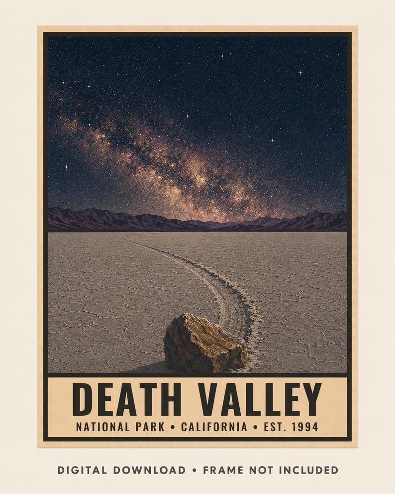May include: A rectangular poster featuring a night sky with a visible Milky Way over a desert landscape. A single rock sits on cracked earth with a trail behind it. The text reads: DEATH VALLEY NATIONAL PARK CALIFORNIA EST. 1994.
