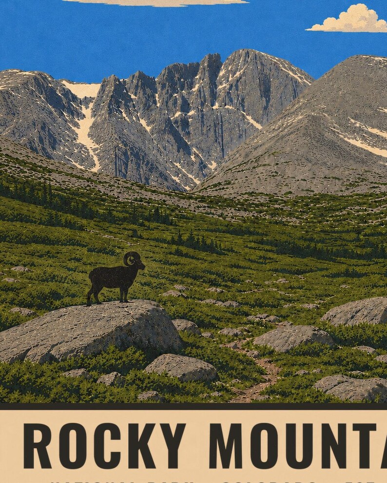 May include: A poster illustration of a bighorn sheep standing on a large rock in a green alpine meadow. In the background, jagged, snow-capped grey mountains rise against a clear blue sky. The text ROCKY MOUNT is visible at the bottom of the print.