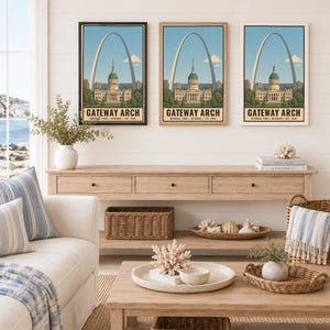 May include: Three identical vertical wall art prints featuring the Gateway Arch and the Old Courthouse in St. Louis, Missouri. Each print displays the text GATEWAY ARCH NATIONAL PARK MISSOURI EST. 2018 in a vintage travel poster style illustration.