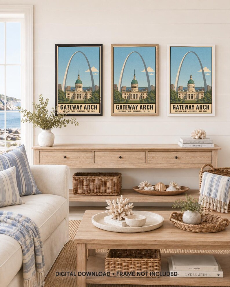 May include: Three identical vertical wall art prints featuring the Gateway Arch and the Old Courthouse in St. Louis, Missouri. Each print displays the text GATEWAY ARCH NATIONAL PARK MISSOURI EST. 2018 in a vintage travel poster style illustration.