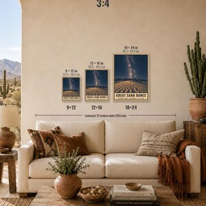 May include: Three rectangular wall art prints of Great Sand Dunes National Park displayed in 9x12, 12x16, and 18x24 inch sizes. Each print features a night sky over sand dunes with the text Great Sand Dunes National Park Colorado Est. 2004.
