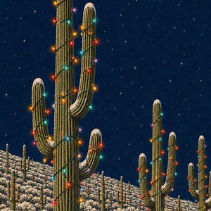 May include: A desert landscape featuring tall saguaro cacti covered in light snow against a dark blue starry night sky. The cacti are wrapped in strings of colorful glowing holiday lights, with snow dusting the tops of the arms and the ground.