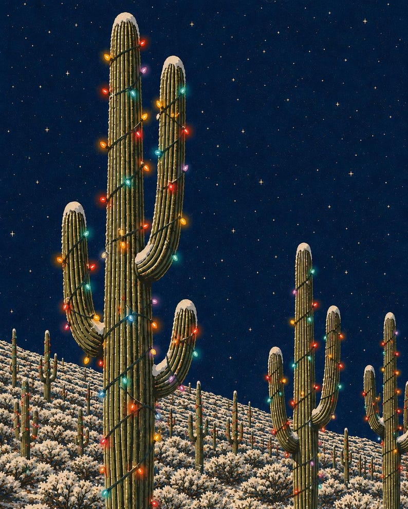 May include: A desert landscape featuring tall saguaro cacti covered in light snow against a dark blue starry night sky. The cacti are wrapped in strings of colorful glowing holiday lights, with snow dusting the tops of the arms and the ground.