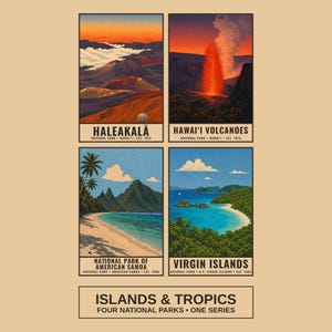 Pode incluir: Um cartaz com quatro ilustra&ccedil;&otilde;es de parques nacionais: Haleakalā com picos vulc&acirc;nicos, Hawai'i Volcanoes com uma fonte de lava, American Samoa com uma praia tropical e Virgin Islands com uma ba&iacute;a costeira. O texto inclui os nomes.