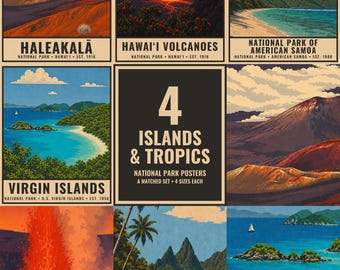 Tropical National Park Poster Set, Vintage Travel Prints, Beach House Gallery Wall Art (Digital Download)
