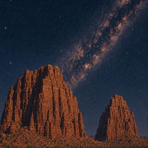 May include: Two towering, rugged red rock formations rise from a desert landscape under a dark night sky. A vibrant, glowing band of the Milky Way galaxy stretches diagonally across the star-filled expanse above the jagged, textured stone cliffs.