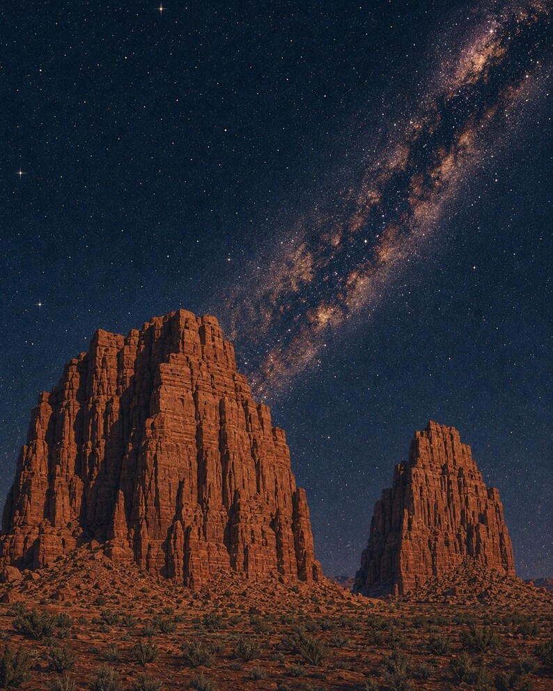 May include: Two towering, rugged red rock formations rise from a desert landscape under a dark night sky. A vibrant, glowing band of the Milky Way galaxy stretches diagonally across the star-filled expanse above the jagged, textured stone cliffs.