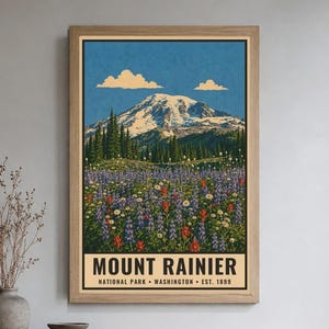 Poster zum Mount Rainier Nationalpark, Vintage-Reisemotiv aus Washington, Druckbare Wildblumenwiesen-Dekoration, Gletschergipfel-Download Bild 1