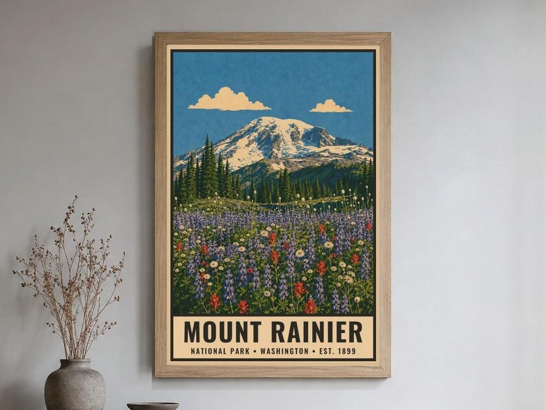Poster zum Mount Rainier Nationalpark, Vintage-Reisemotiv aus Washington, Druckbare Wildblumenwiesen-Dekoration, Gletschergipfel-Download Bild 1
