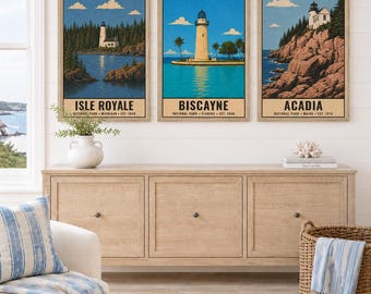 Lighthouse Wall Art Set of 3, Coastal Wall Art, National Park Posters, Biscayne, Acadia, Isle Royale, Beach House Gallery, Digital Prints