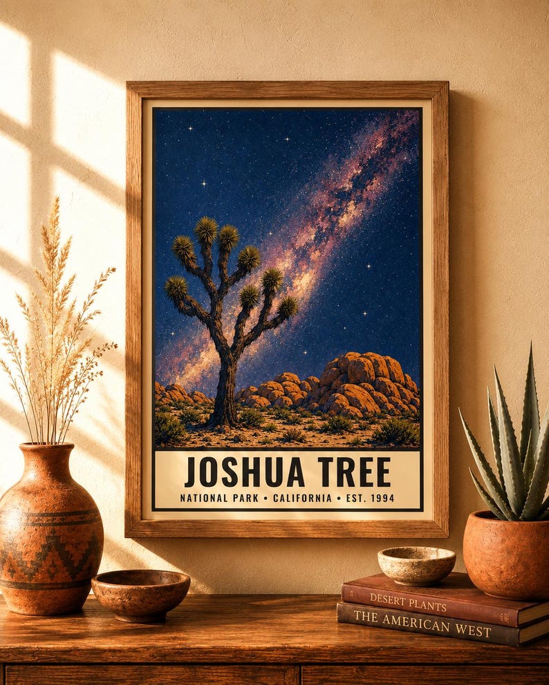 May include: A framed vertical wall art print featuring a Joshua Tree National Park landscape at night. The image displays a starry sky with a visible Milky Way, a desert landscape with rock formations, and the text JOSHUA TREE NATIONAL PARK CALIFORNIA EST. 1994.