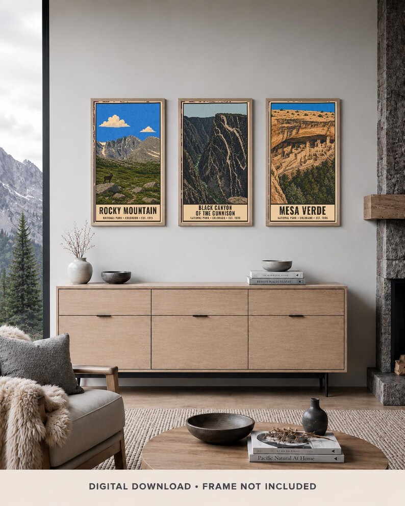 May include: Three vertical wall art prints featuring illustrations of Rocky Mountain, Black Canyon of the Gunnison, and Mesa Verde National Parks. Each print includes the park name, location, and establishment year in black text on a cream background.