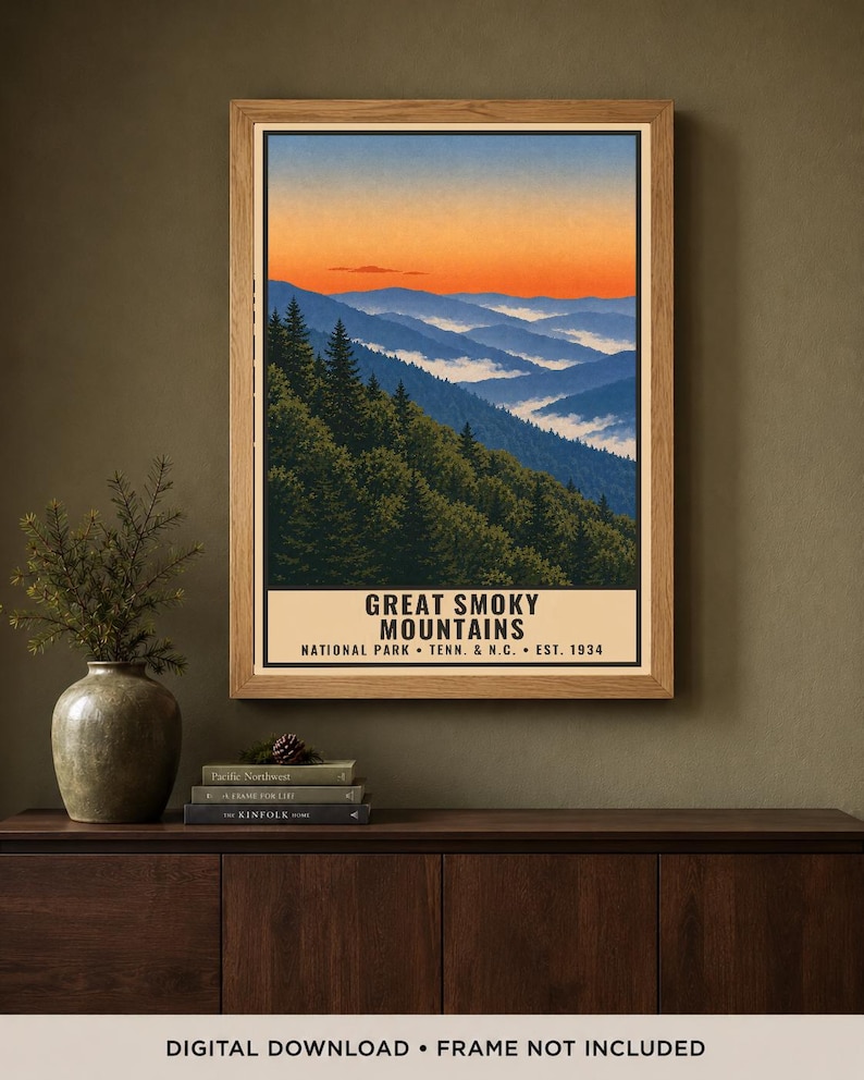 Great Smoky Mountains nationalpark-affisch, vintage resetryck med Blue Ridge-motiv, retro väggkonst i skog och berg, utskrivbar dekoration i WPA-stil bild 1