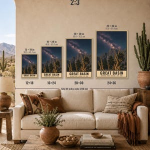 May include: Four vertical wall art prints of Great Basin National Park, Nevada, featuring a starry night sky over twisted trees. Sizes include 12x18, 16x24, 20x30, and 24x36 inches. The text reads Great Basin National Park Nevada Est. 1986.