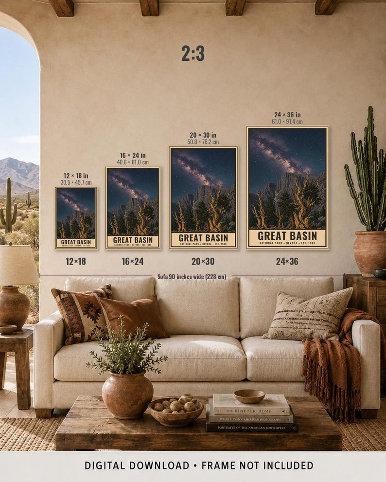 May include: Four vertical wall art prints of Great Basin National Park, Nevada, featuring a starry night sky over twisted trees. Sizes include 12x18, 16x24, 20x30, and 24x36 inches. The text reads Great Basin National Park Nevada Est. 1986.