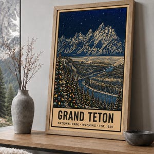 Parque Nacional Grand Teton, Póster navideño, Wyoming. Río Snake. Arte invernal con nieve (Descarga digital). imagen 6