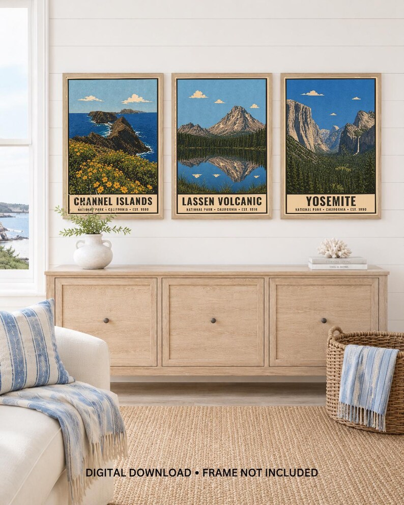 May include: Three vertical wall art prints featuring illustrations of Channel Islands, Lassen Volcanic, and Yosemite National Parks. Each print displays a landscape scene with blue skies, mountains, and text identifying the park name and location.