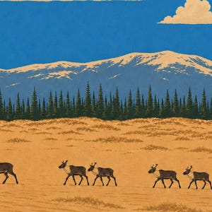 Op de afbeelding: Een grafische illustratie met een kudde donkerbruine rendieren die over een goudbruin landschap lopen. Op de achtergrond staat een dicht bos van donkergroene dennenbomen voor een reeks besneeuwde bergen onder een helderblauwe lucht.