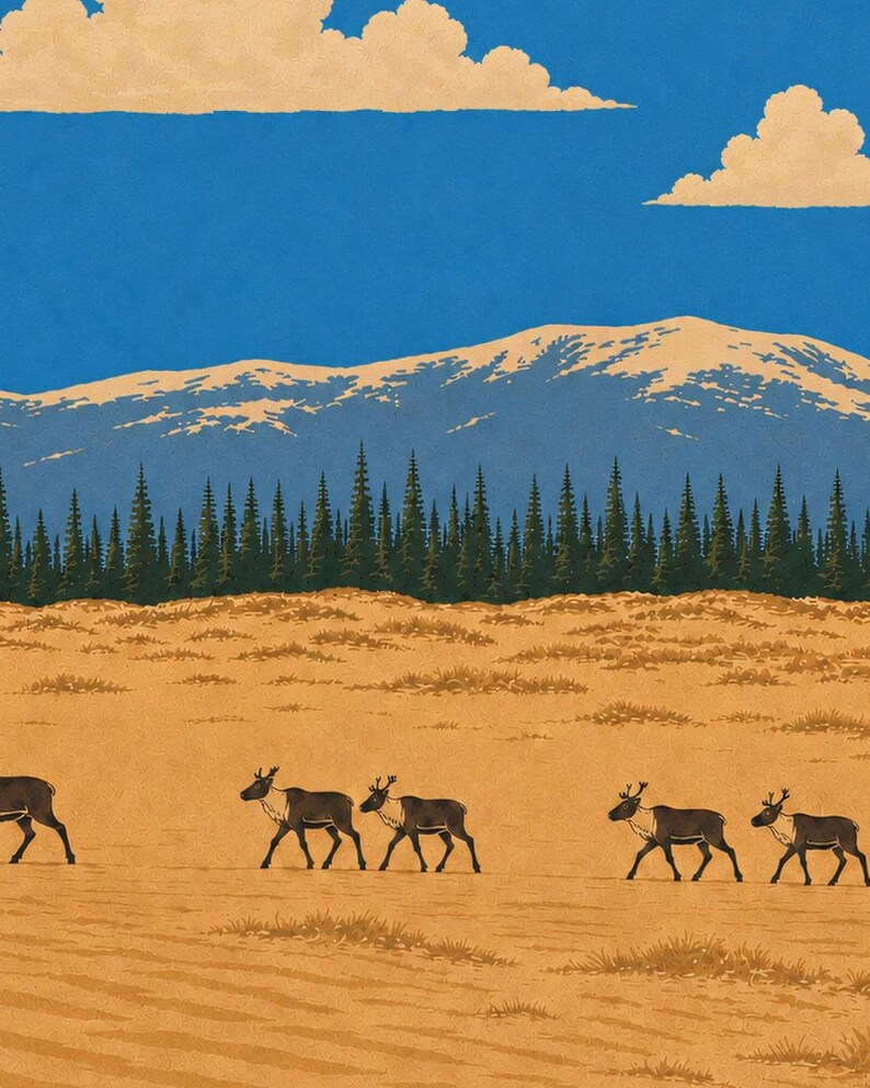 Op de afbeelding: Een grafische illustratie met een kudde donkerbruine rendieren die over een goudbruin landschap lopen. Op de achtergrond staat een dicht bos van donkergroene dennenbomen voor een reeks besneeuwde bergen onder een helderblauwe lucht.