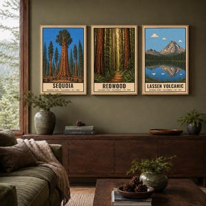 May include: Three vertical wall art prints featuring illustrations of California National Parks. The left print shows Sequoia trees, the center print depicts a Redwood forest path, and the right print displays Lassen Volcanic mountain and lake.
