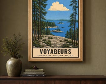 Plakat z Parku Narodowego Voyageurs, wydruk z podróży po jeziorze Northwoods w Minnesocie, grafika ścienna z motywem retro łodzi, dekoracja do druku w stylu WPA z lat 60. XX wieku