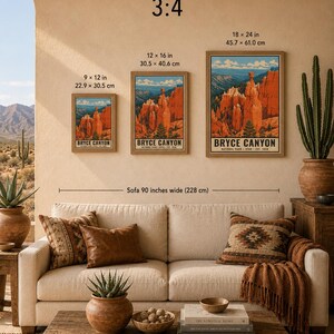 Poster van Bryce Canyon National Park, vintage reisprint met hoodoo-motief uit Utah, retro muurdecoratie met oranje woestijnlandschap, zeefdruk in WPA-stijl uit de jaren 60. afbeelding 9