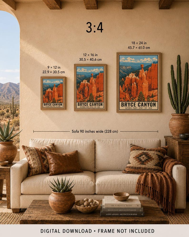 Poster van Bryce Canyon National Park, vintage reisprint met hoodoo-motief uit Utah, retro muurdecoratie met oranje woestijnlandschap, zeefdruk in WPA-stijl uit de jaren 60. afbeelding 9