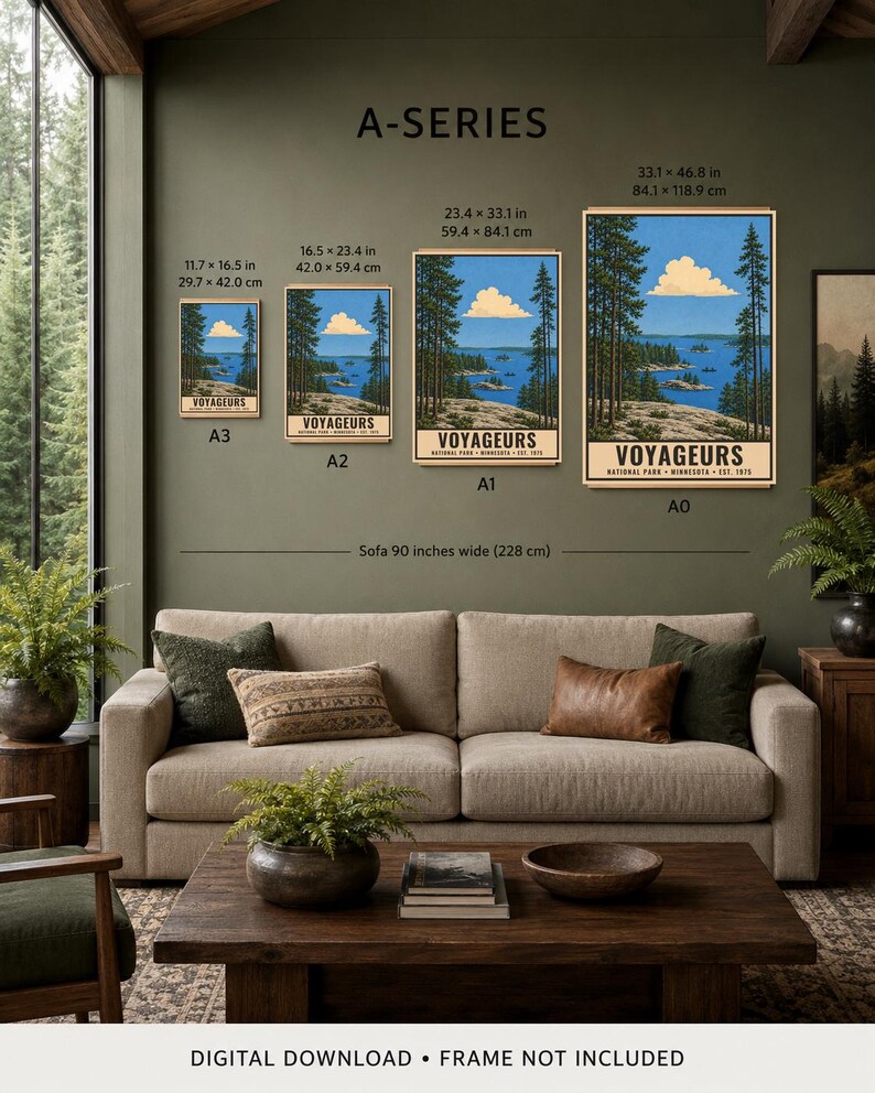 Poster van Voyageurs National Park, vintage reisprint van de bossen van Noord-Minnesota, landschap van Canoe Lake, digitale download voor wanddecoratie. afbeelding 11