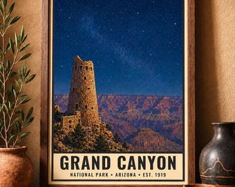 Grand Canyon National Park Night Sky Poster, Desert View Watchtower, Vintage Arizona, Stargazing Wall Art (Digital Download)
