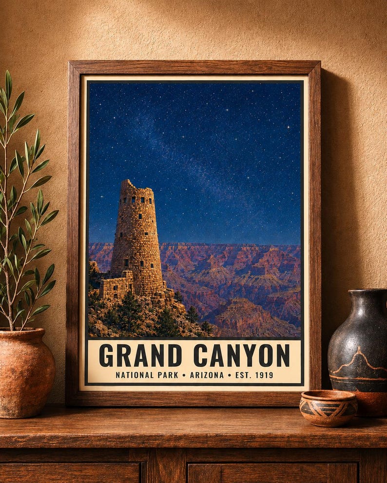May include: A framed vertical poster featuring a night sky over the Grand Canyon and the Desert View Watchtower. The text reads GRAND CANYON NATIONAL PARK ARIZONA EST. 1919. The image displays a stone tower against a starry blue sky and canyon.