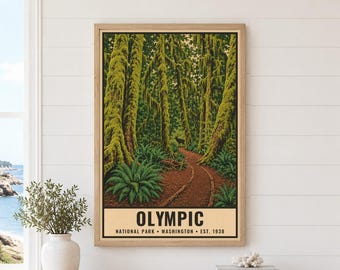 Poster zum Olympic-Nationalpark, Vintage-Kunstwerk aus dem Regenwald von Washington, Dekoration der Roosevelt Elk Wilderness, druckbares Reisesouvenir