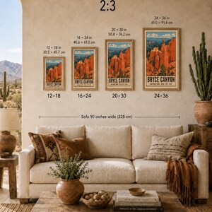 Poster van Bryce Canyon National Park, vintage reisprint met hoodoo-motief uit Utah, retro muurdecoratie met oranje woestijnlandschap, zeefdruk in WPA-stijl uit de jaren 60. afbeelding 8