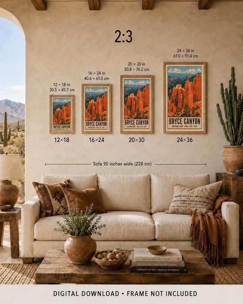 Poster van Bryce Canyon National Park, vintage reisprint met hoodoo-motief uit Utah, retro muurdecoratie met oranje woestijnlandschap, zeefdruk in WPA-stijl uit de jaren 60. afbeelding 8