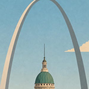 May include: A digital illustration featuring the Gateway Arch in St. Louis, Missouri, framing a building with a prominent green dome and a tall spire. The scene is set against a clear light blue sky with a single small, soft-edged white cloud.