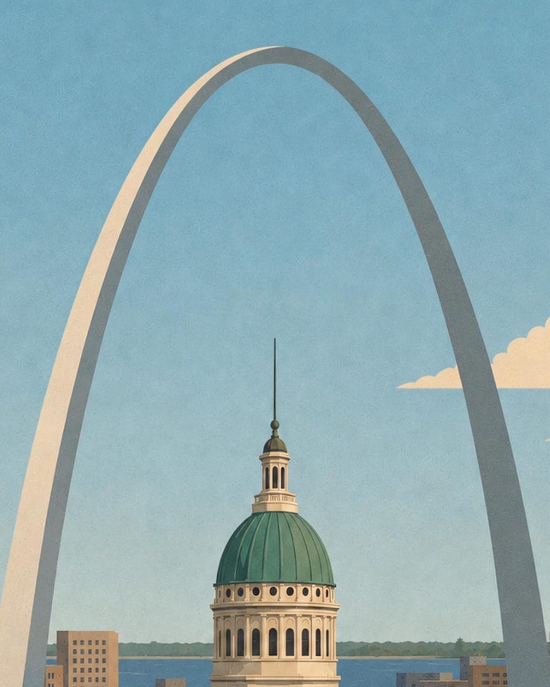 May include: A digital illustration featuring the Gateway Arch in St. Louis, Missouri, framing a building with a prominent green dome and a tall spire. The scene is set against a clear light blue sky with a single small, soft-edged white cloud.