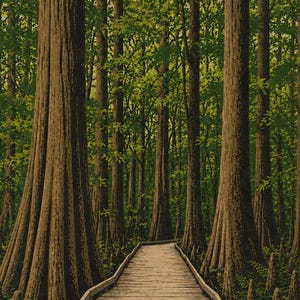 May include: A wooden boardwalk path stretches forward through a dense forest of tall, thick-trunked cypress trees. The trees feature textured brown bark and vibrant green foliage, while small, conical cypress knees emerge from the ground.
