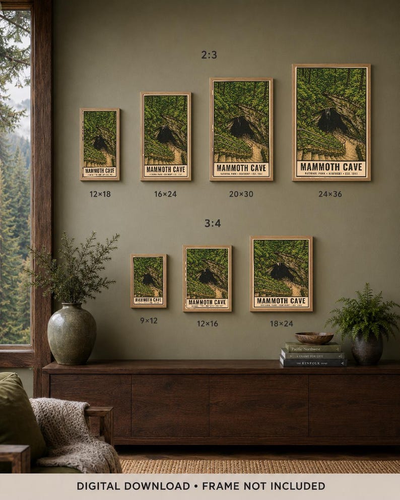 May include: A collection of seven framed posters depicting the Mammoth Cave National Park entrance, displayed in various sizes including 12x18, 16x24, 20x30, 24x36, 9x12, 12x16, and 18x24 inches. The posters feature green forest scenery and text.