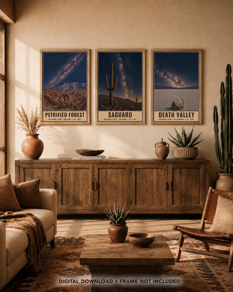 May include: A set of three rectangular wall art prints featuring night sky landscapes of Petrified Forest, Saguaro, and Death Valley National Parks. Each print displays a starry galaxy above desert terrain with text labels at the bottom. Digital download.