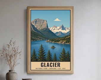 Glacier National Park Poster, Montana Going to the Sun Road Vintage Travel Print, Retro Mountain Lake Wall Art, WPA Style Printable Art