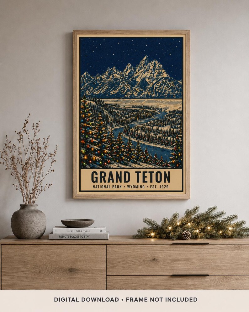 Parque Nacional Grand Teton, Póster navideño, Wyoming. Río Snake. Arte invernal con nieve (Descarga digital). imagen 8