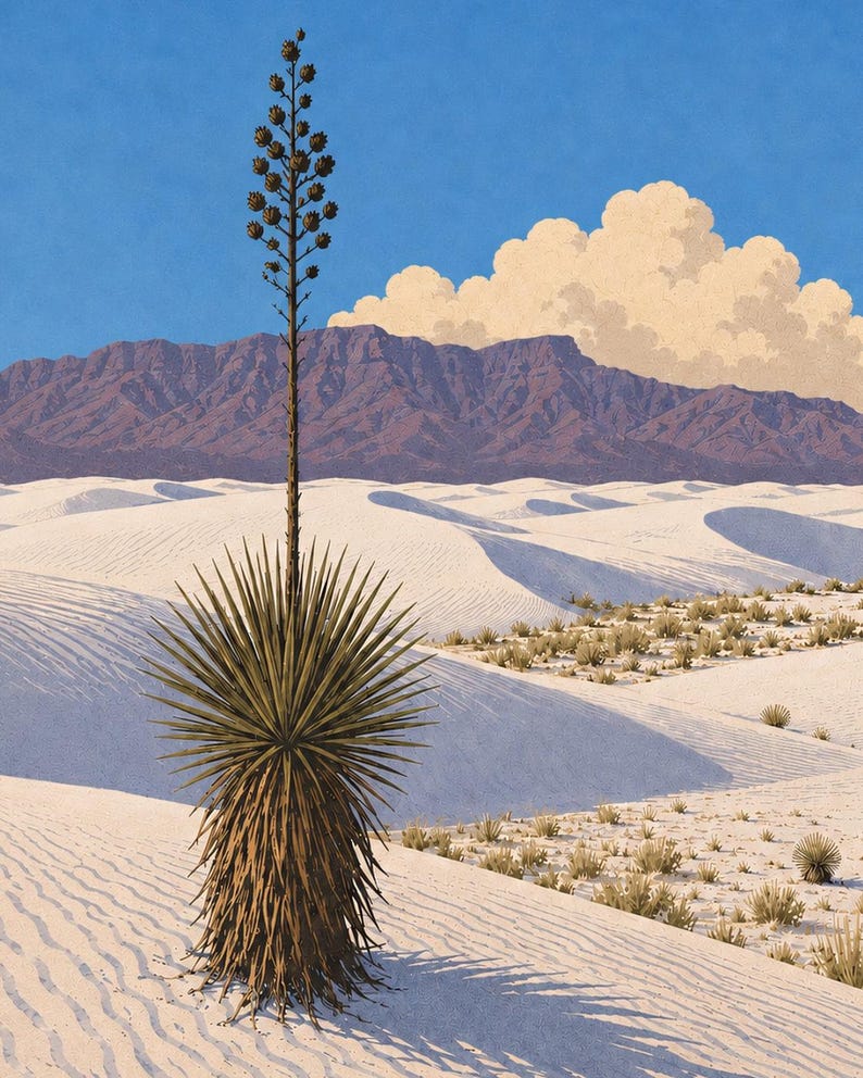 May include: A tall, spiky yucca plant with a long central stalk stands in a desert landscape of white sand dunes. In the background, a range of dark, rugged mountains sits under a bright blue sky with large, fluffy, cream-colored clouds.