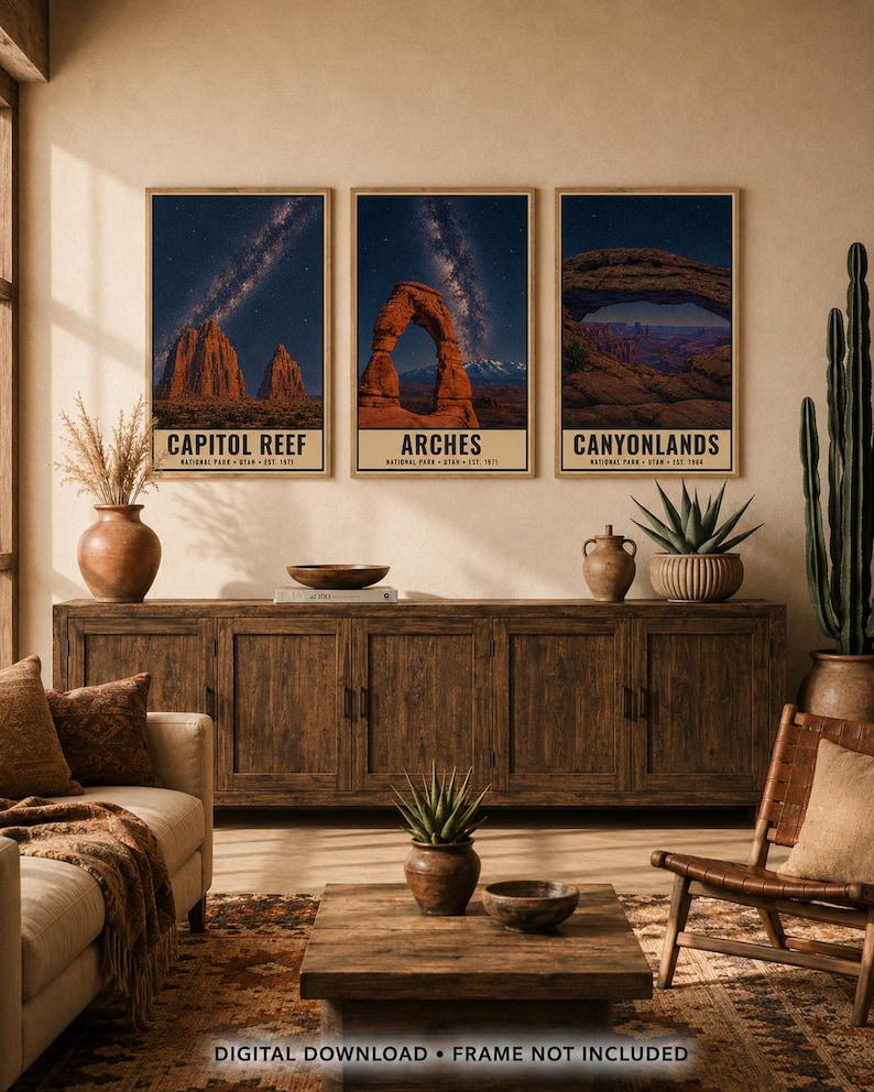May include: A set of three vertical wall art prints featuring night sky photography of Capitol Reef, Arches, and Canyonlands National Parks. Each print displays a dark blue starry sky above red rock formations with text labels at the bottom.